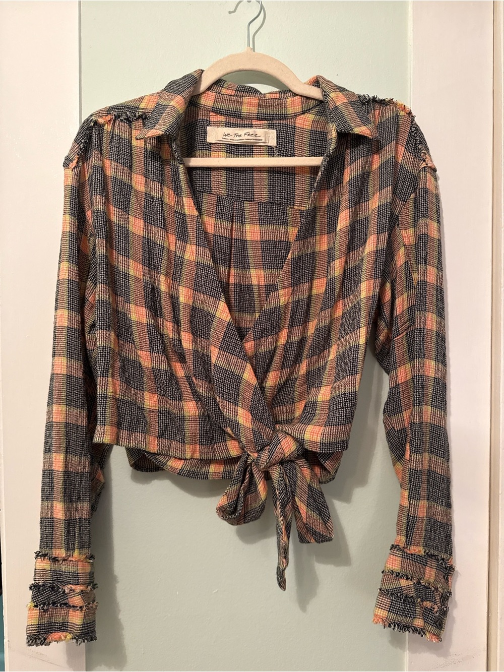 Free People Plaid Tie-Front Long-Sleeve Top